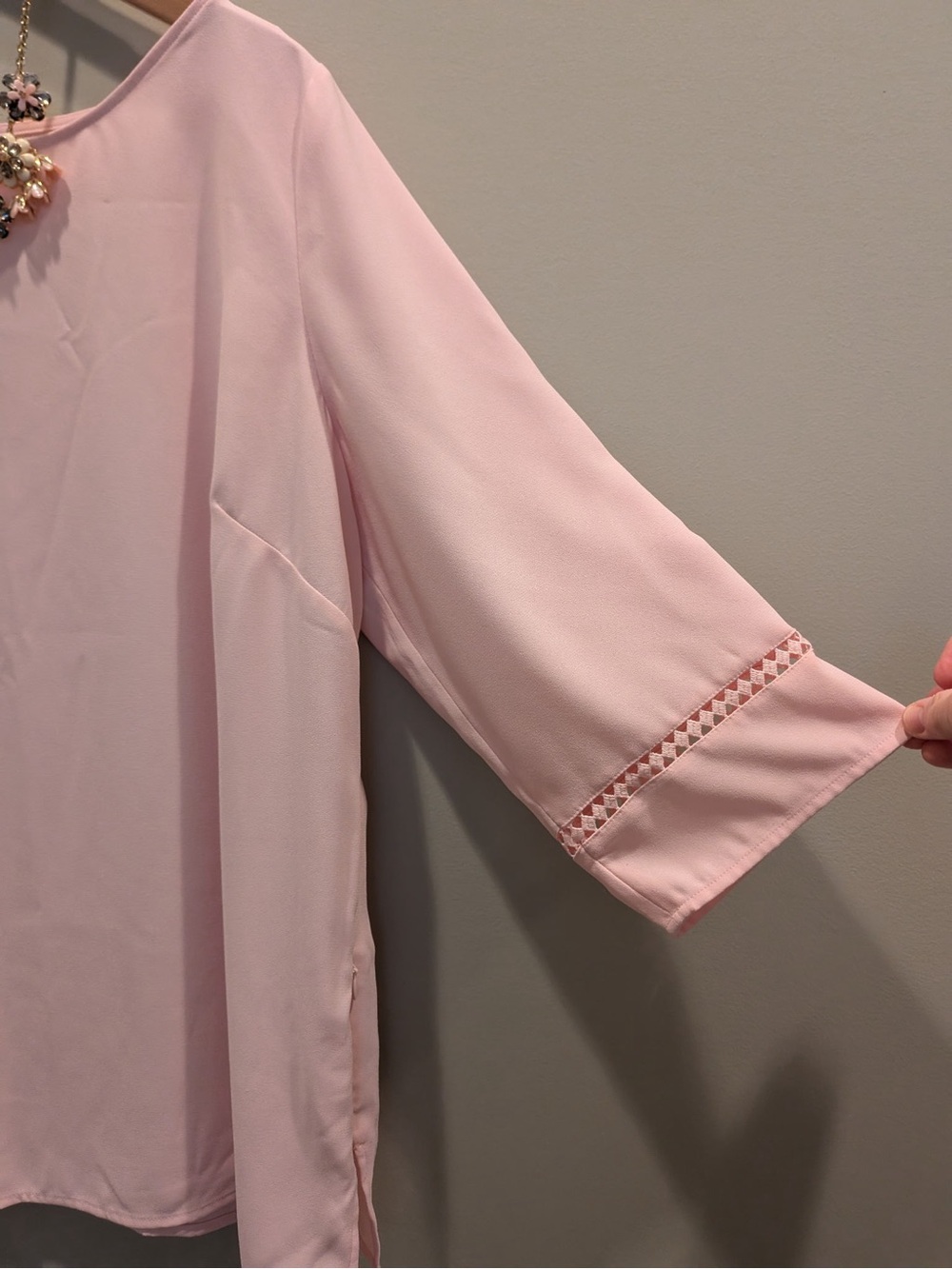Talbots Soft Pink 3/4 Sleeve Blouse with Crochet Trim - Picture 6 of 8